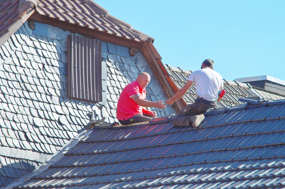 Twee dakwerkers aan het werk op een hellend dak met leien
